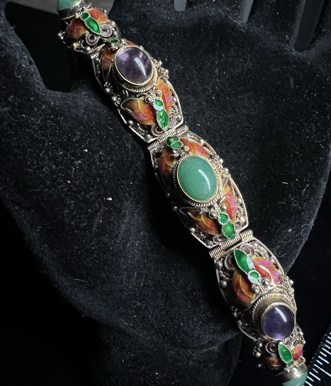 Vintage Chinese Export Silver Vermeil Filigree Enamel Bracelet 7.25″ 34g