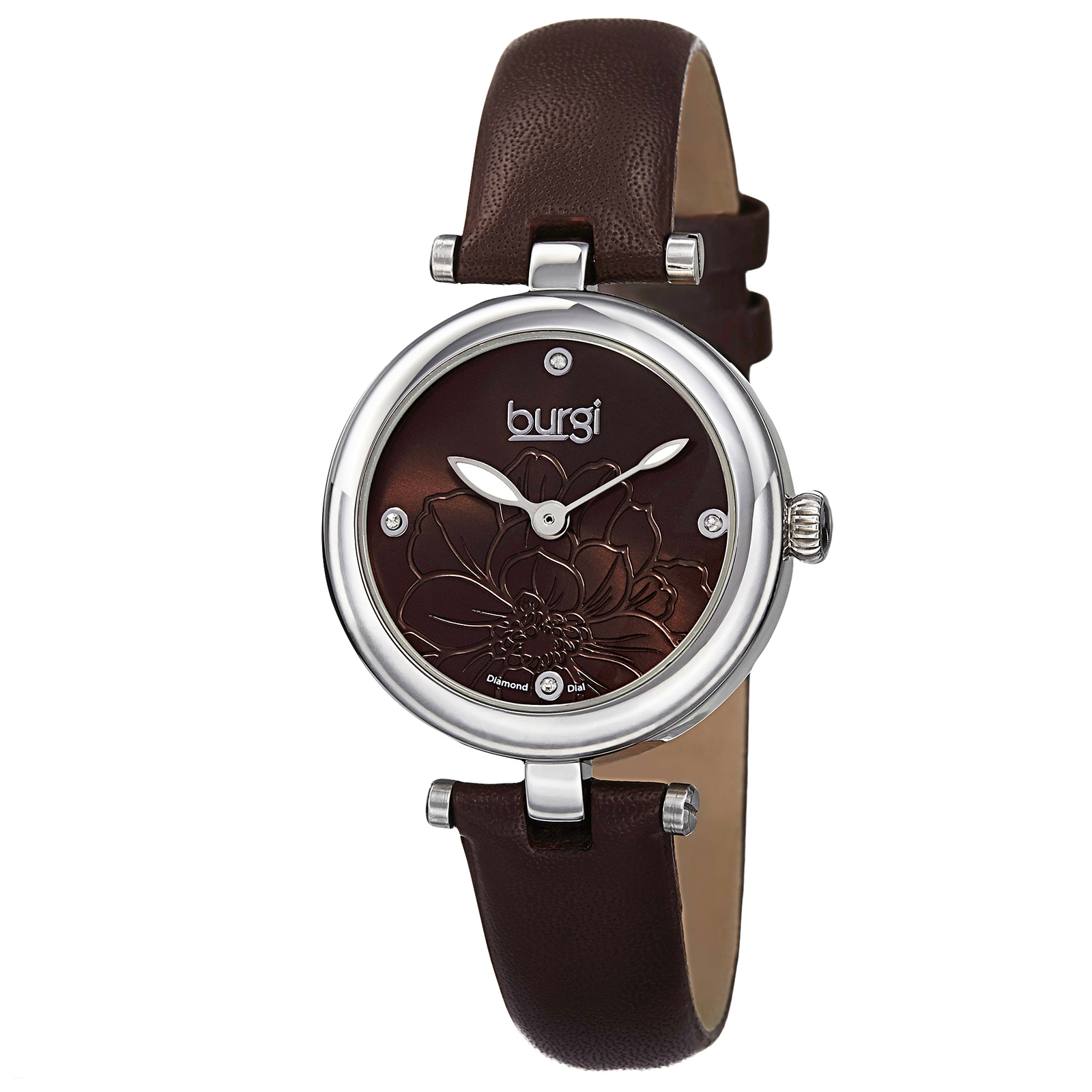 New Women’s Burgi BUR128BR Diamond Markers Brown Etched Flower Dial Strap Watch