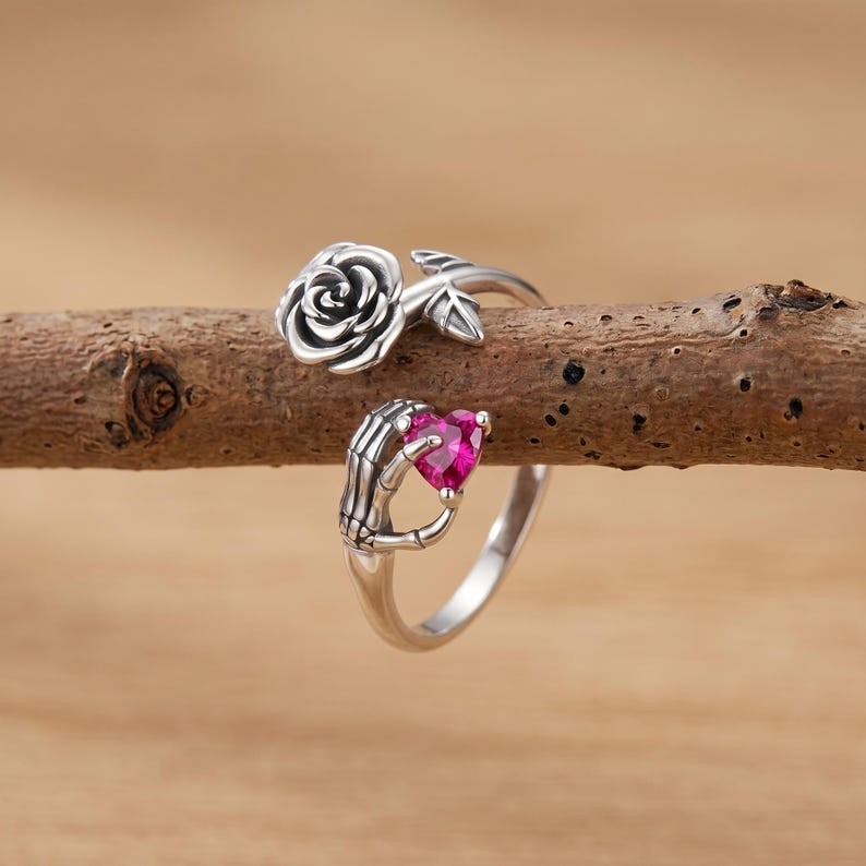 925 Sterling Silver Skeleton Hand Rose Ring Ruby CZ Adjustable Open Band New