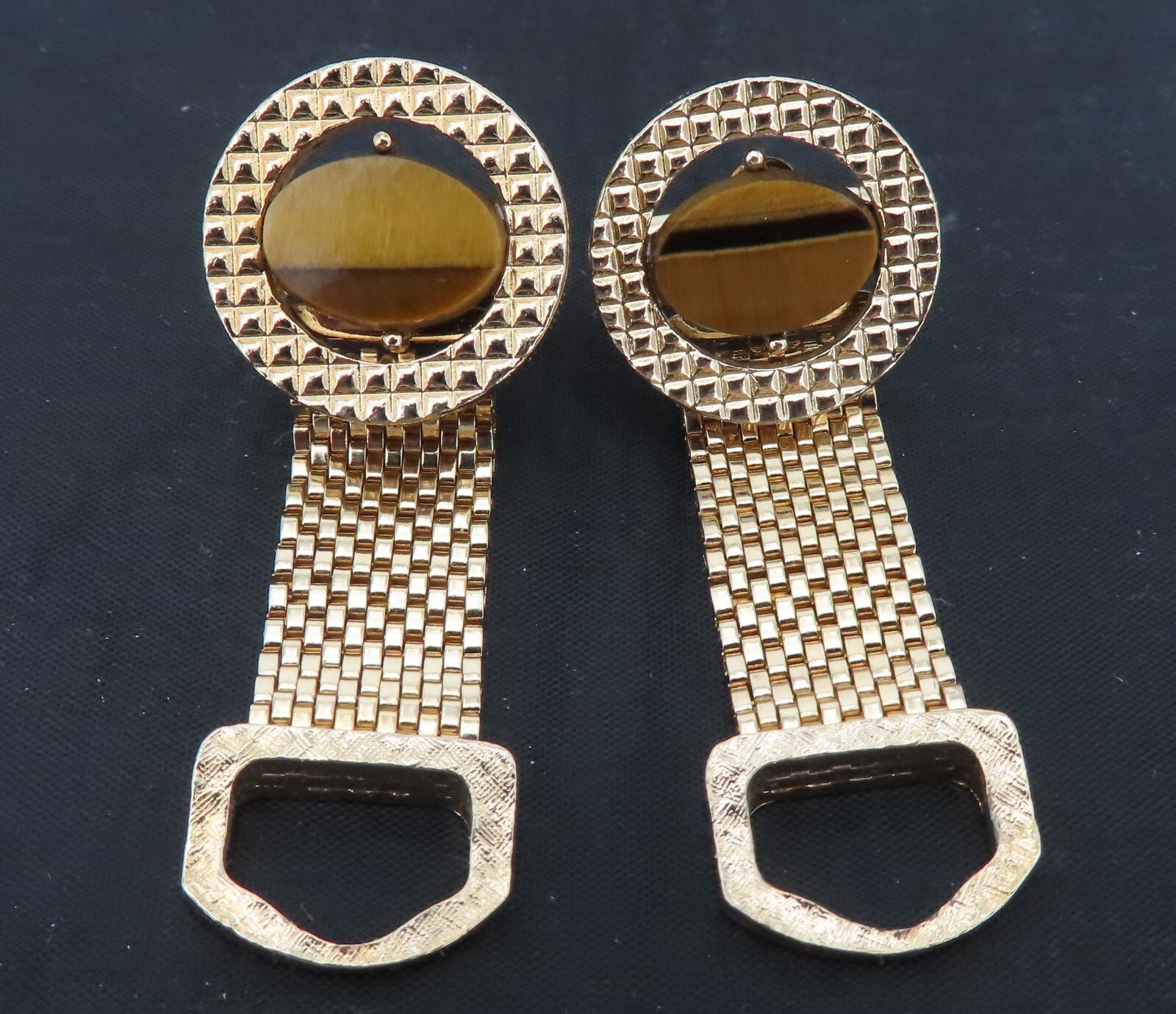 Vintage SWANK Cuff Links Genuine Tiger’s Eye Wraparound Mesh Chain Watchband