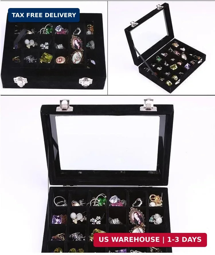 Velvet Jewelry Box 24 Grid Jewelry Earrings Display Organiser Box Ring Tray Hold