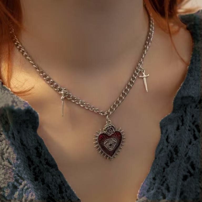 Vintage Gothic Heart Necklace, Punk Devil Eye Sword Pattern Pendant Necklace