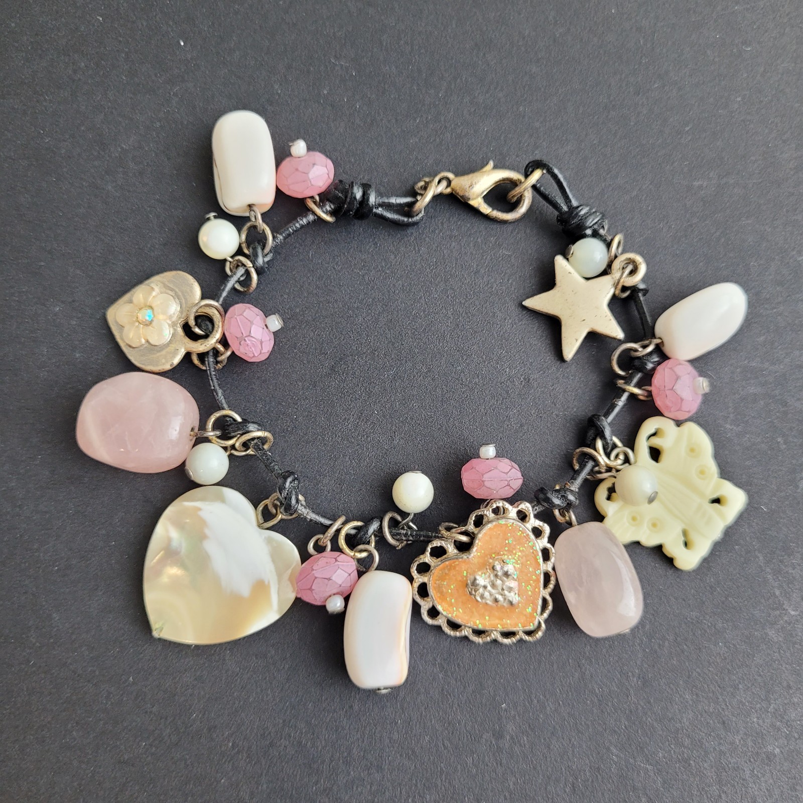 Mixed Heart Charm Bracelet Mother Of Pearl Pink Quartz Enamel 6.5″ READ