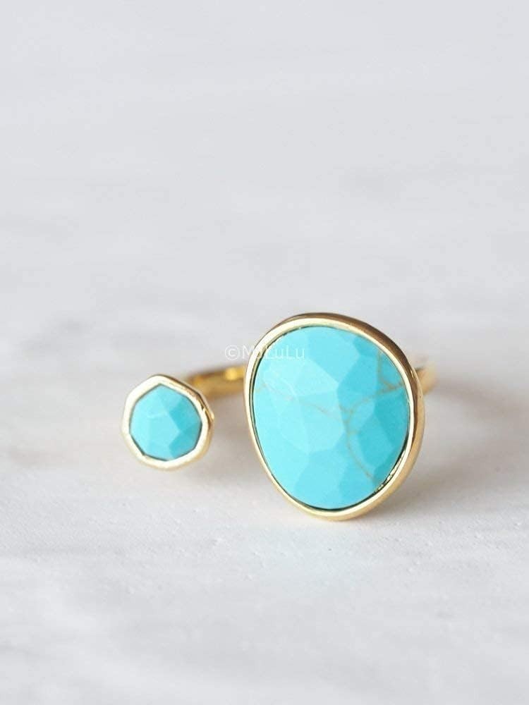 Elegant Simulated Turquoise Ring in 14K Gold-Plated Brass – Adjustable Size 6-8