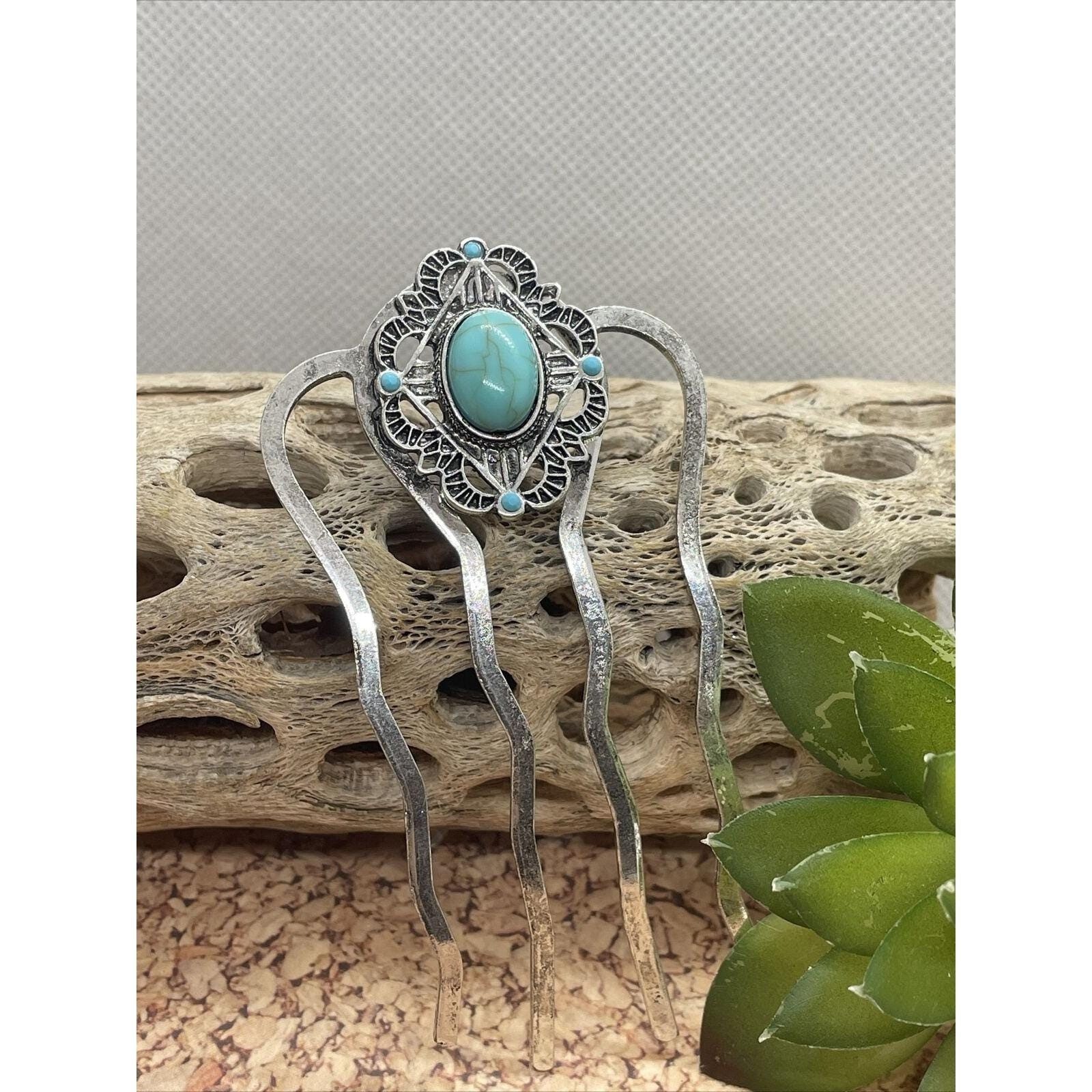 WESTERN Blue TURQUOISE HAIR Pin Clip Silver Southwest Comb Barrette Stone Large