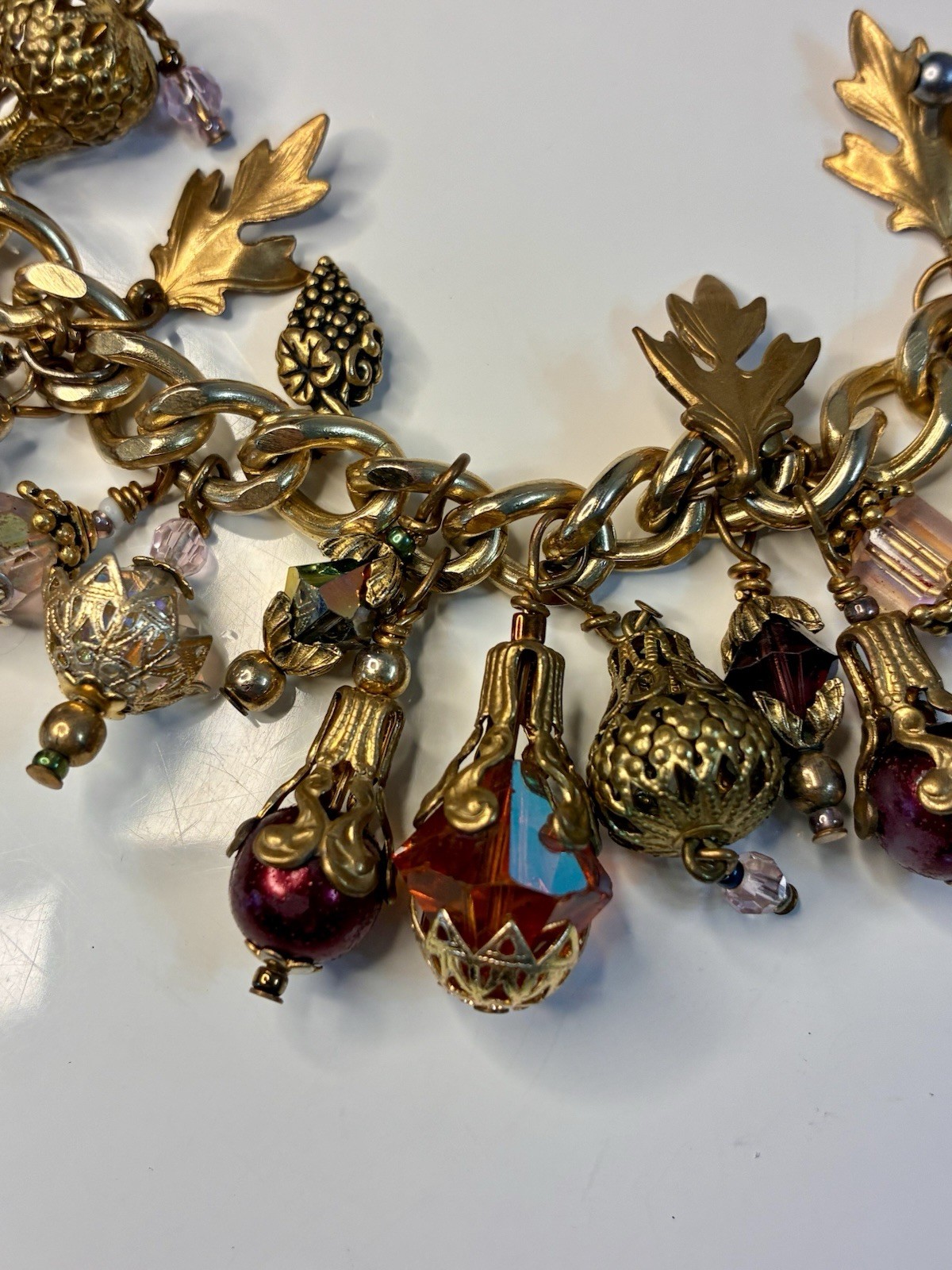 Gold Tone Cable Chain Charm Bracelet Toggle w/ Crystal Dangle Leaf Charms