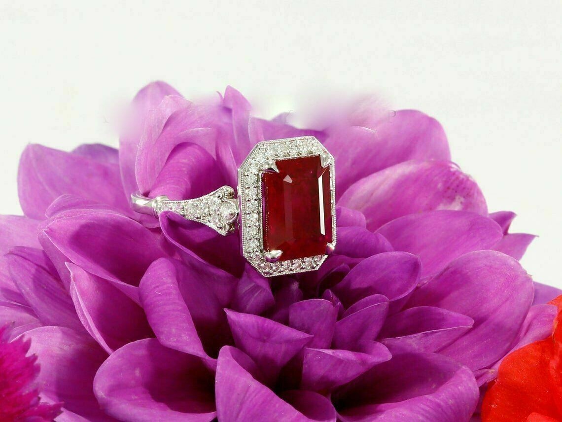 2.92 Ct Emerald Cut Natural Ruby & Diamond Anniversary Ring 14K WhiteGold Size 7