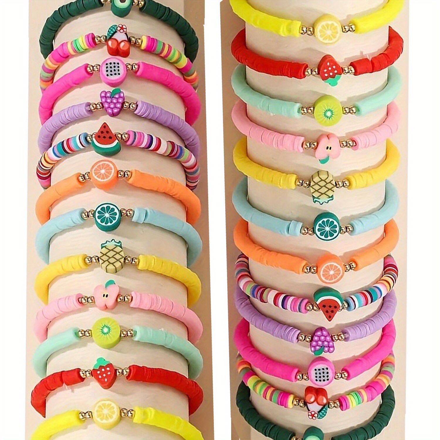 24 Pcs Fruit Clay Bracelet Set Handcrafted Stackable Colorful Beaded Jewelry