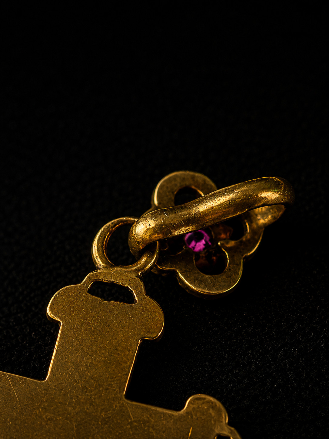 Antique Victorian 18K Gold Cross Pendant Black Enamel Natural Rubies Gothic 1870