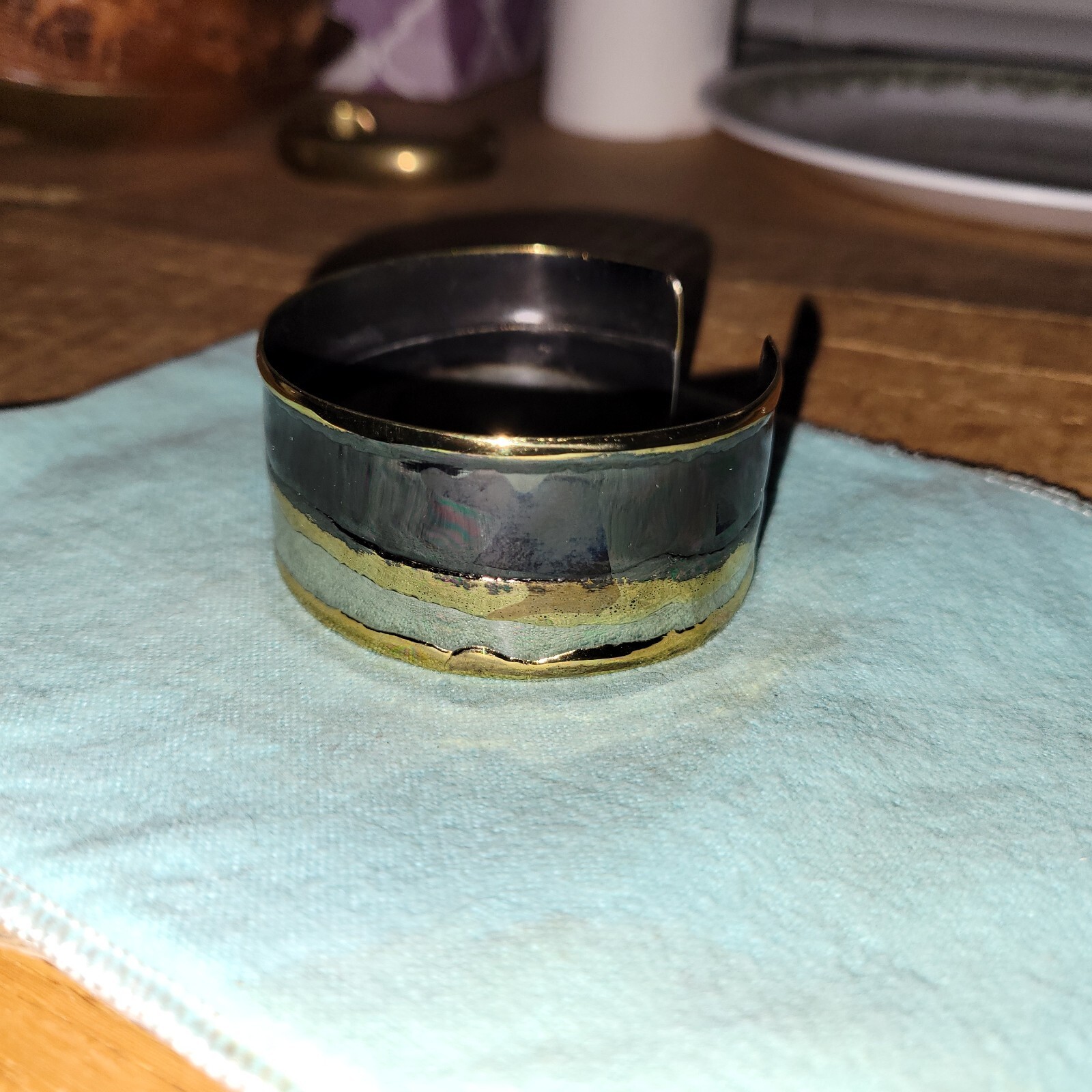 Abstract Gold Silver Black Tri-Color Cuff Bracelet
