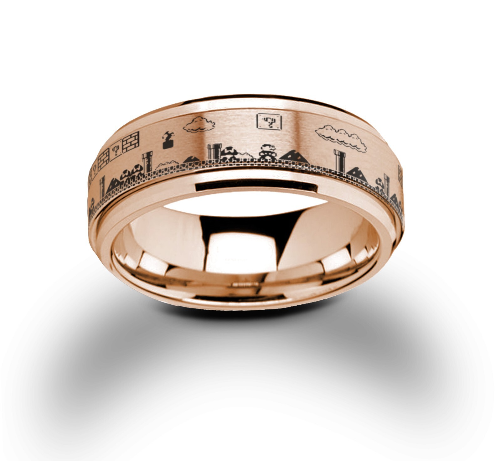 Mario Bros Video Game Spinner Ring, Tungsten Carbide Wedding Ring 8mm