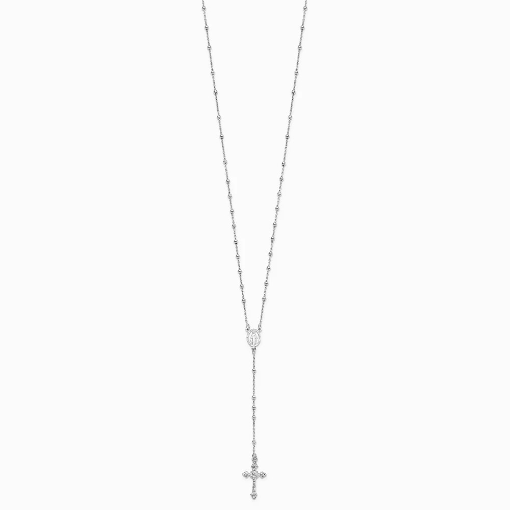 Sterling Silver Rhodium-Plated Polished Beaded Rosary 24 Inch Necklace