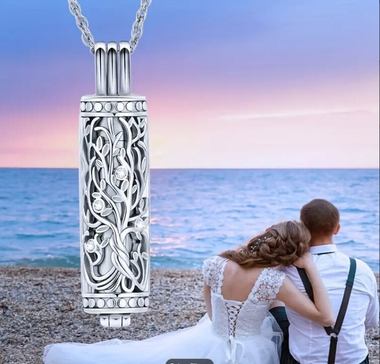 Tree of Life Cylinder Urn Pendant Necklace for Cremation Ashes Memorial Jewelry