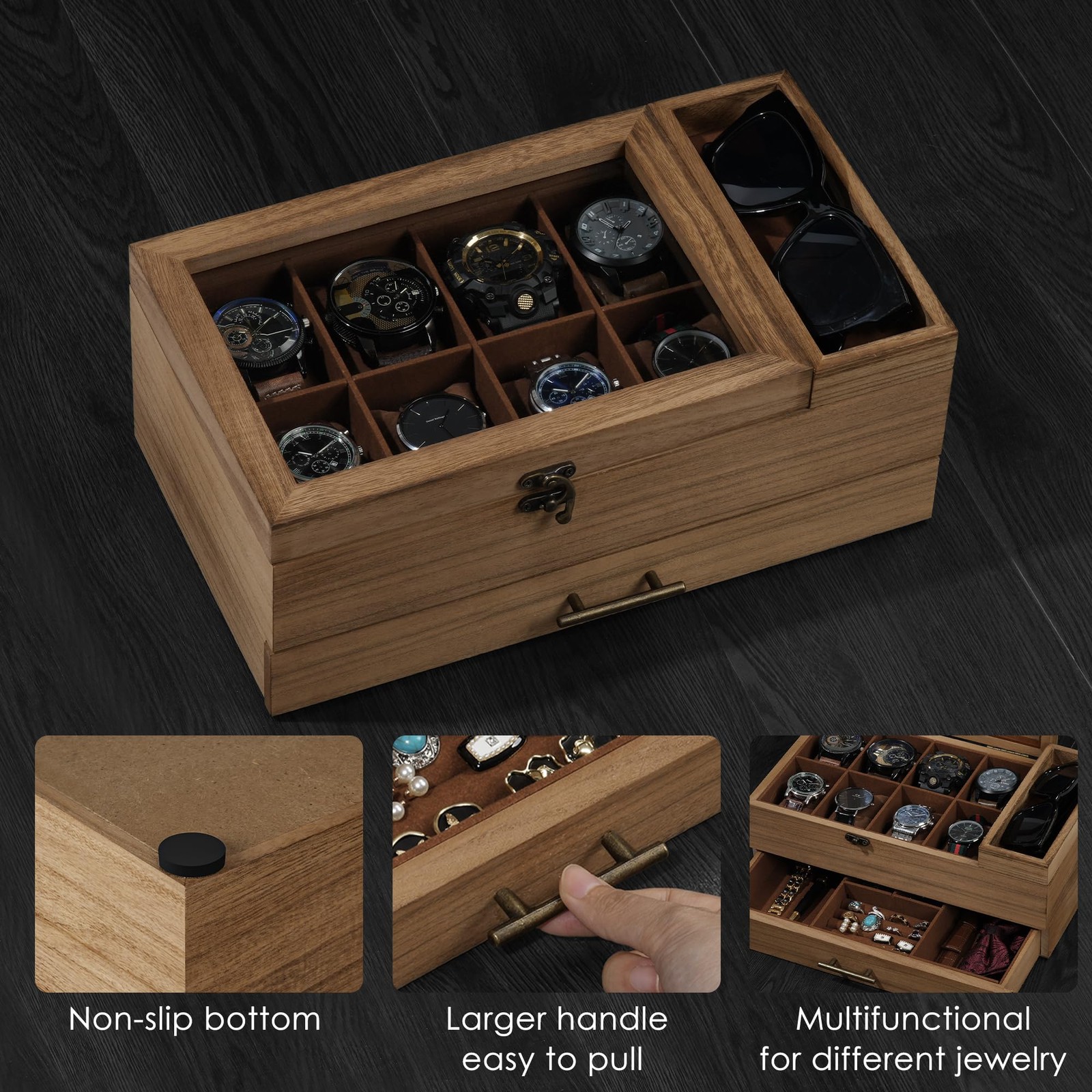 Watch Box with Tray, 2-Tier Watch Case for Large Dial Watches, 8-Slot Watch D…