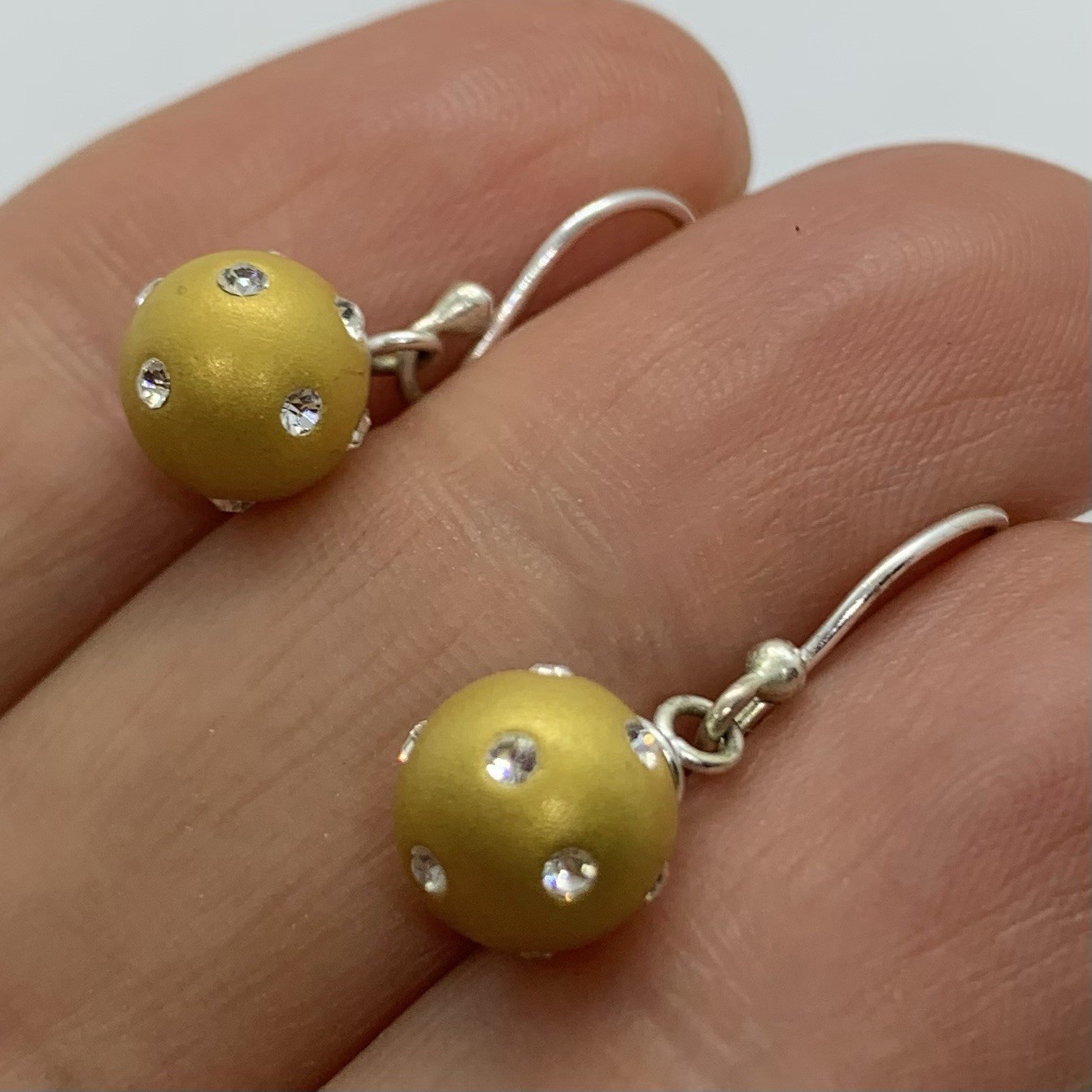 Vtg Matte Gold Pave Crystal Ball Orb Bead Petite Dangle Earrings Hook