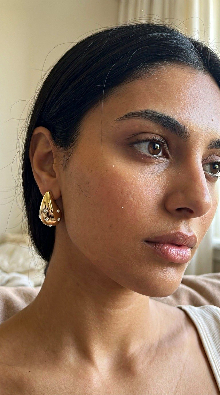 Gold Tone Teardrop Stud Earrings w/ Clear Round CZ Accents, Stackable