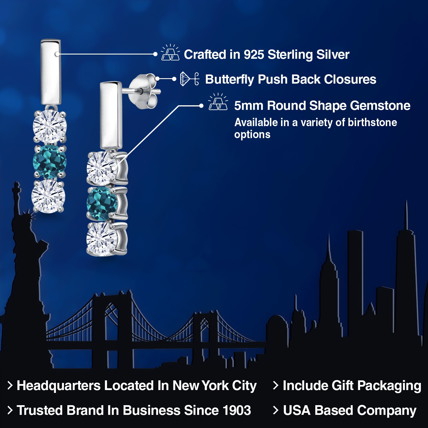 925 Sterling Silver London Blue Topaz Earrings Set with Moissanite (1.70 Cttw)