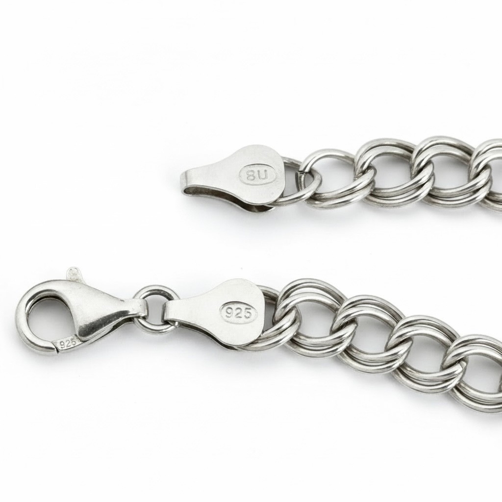 925 Sterling Silver Double Link Curb Chain Charm Bracelet 8″ 6mm Italy 7.68g