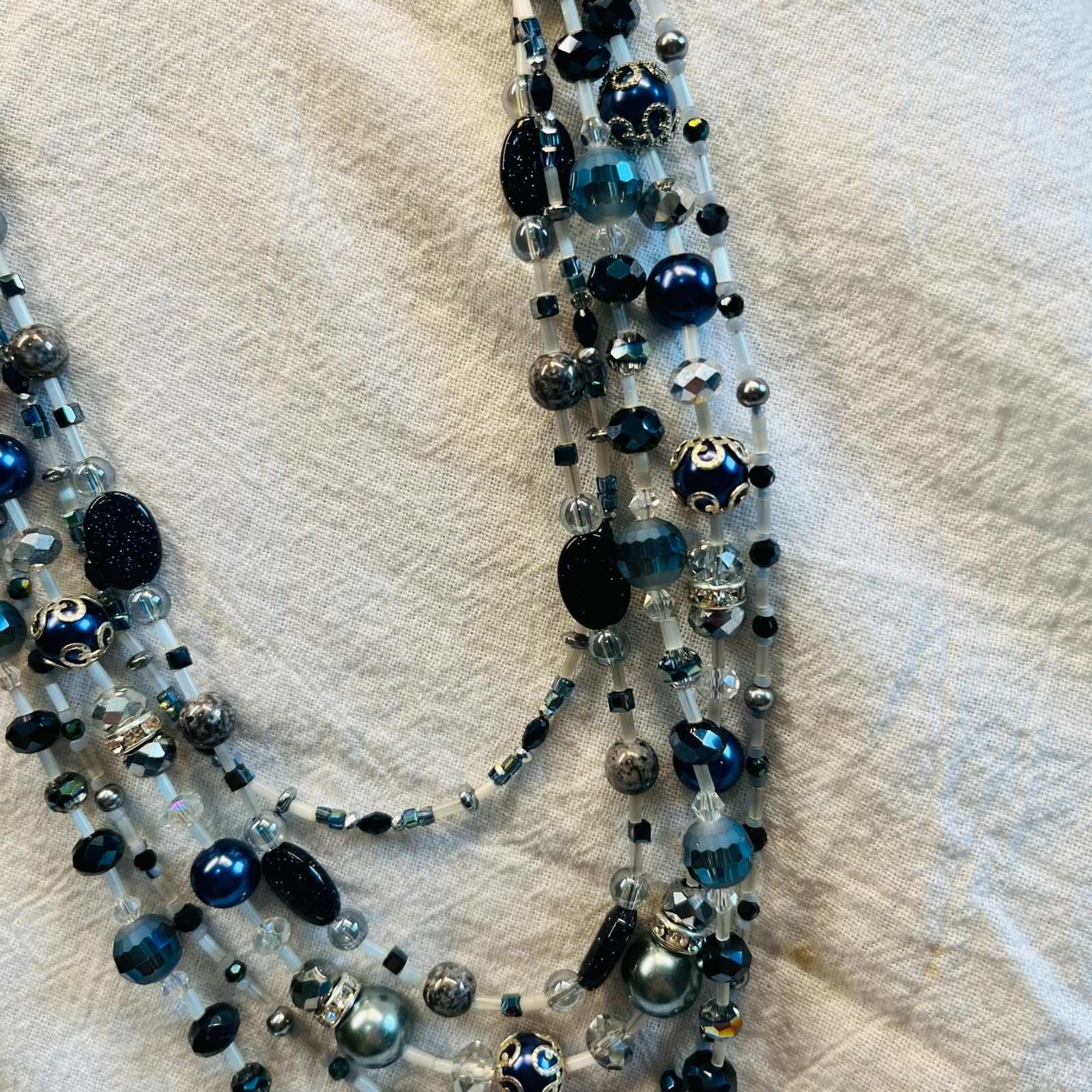 Blue White Silver Beaded 5 Strand Necklace 18″ long – HANDMADE