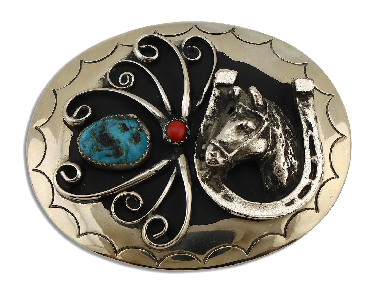 Navajo Horse Belt Buckle Nickle Silver Gemstone Handmade Native American C.80’s