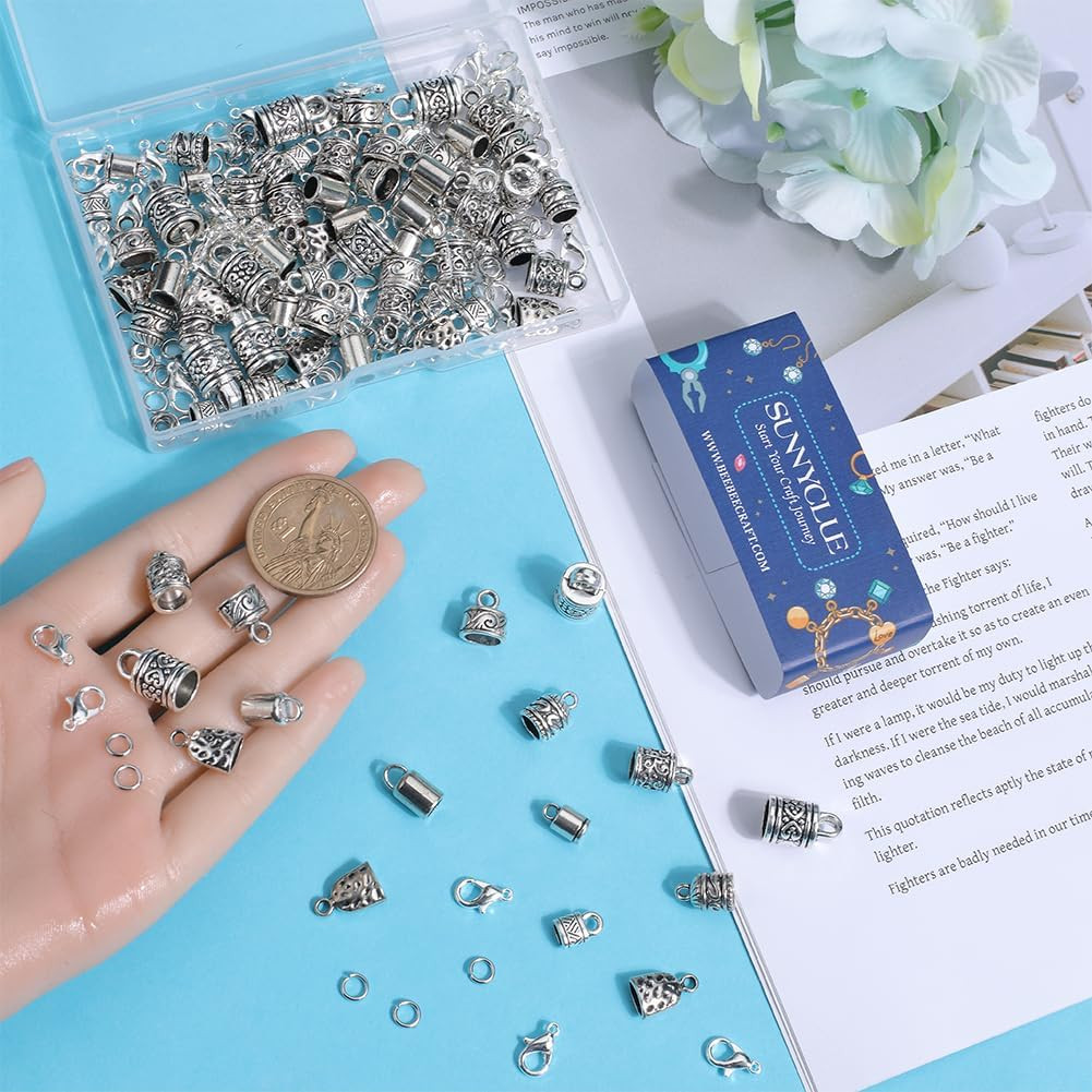 230Pcs Antique Silver Cord End Caps and Jewelry Making Supplies Kit