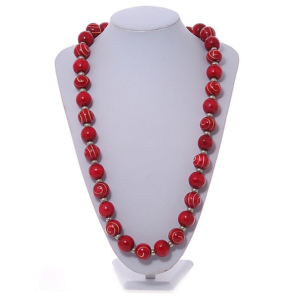Long Chunky Red Wood Bead Necklace – 82cm L