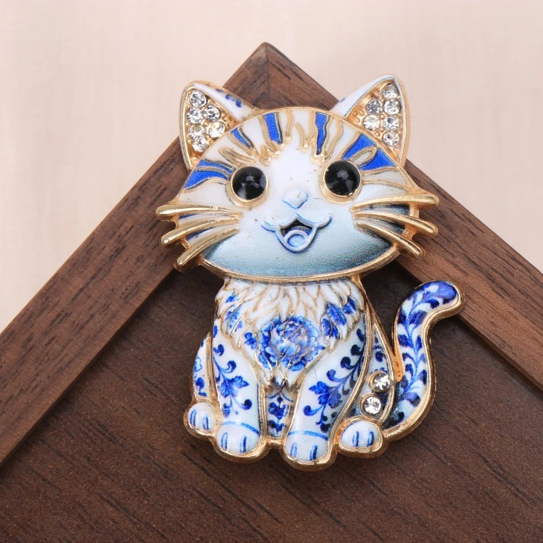 Blue White Porcelain Style Animal Brooch Rhinestone Pin Fashion Jewelry Gift