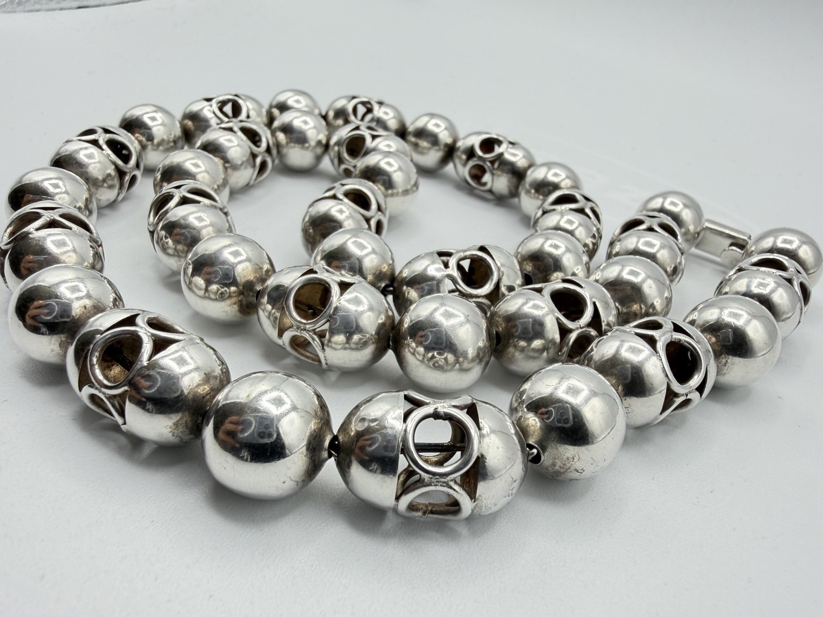 114g VTG Taxco Mexico 925 Sterling Silver Lantern Ball Bead Heavy Necklace 27”
