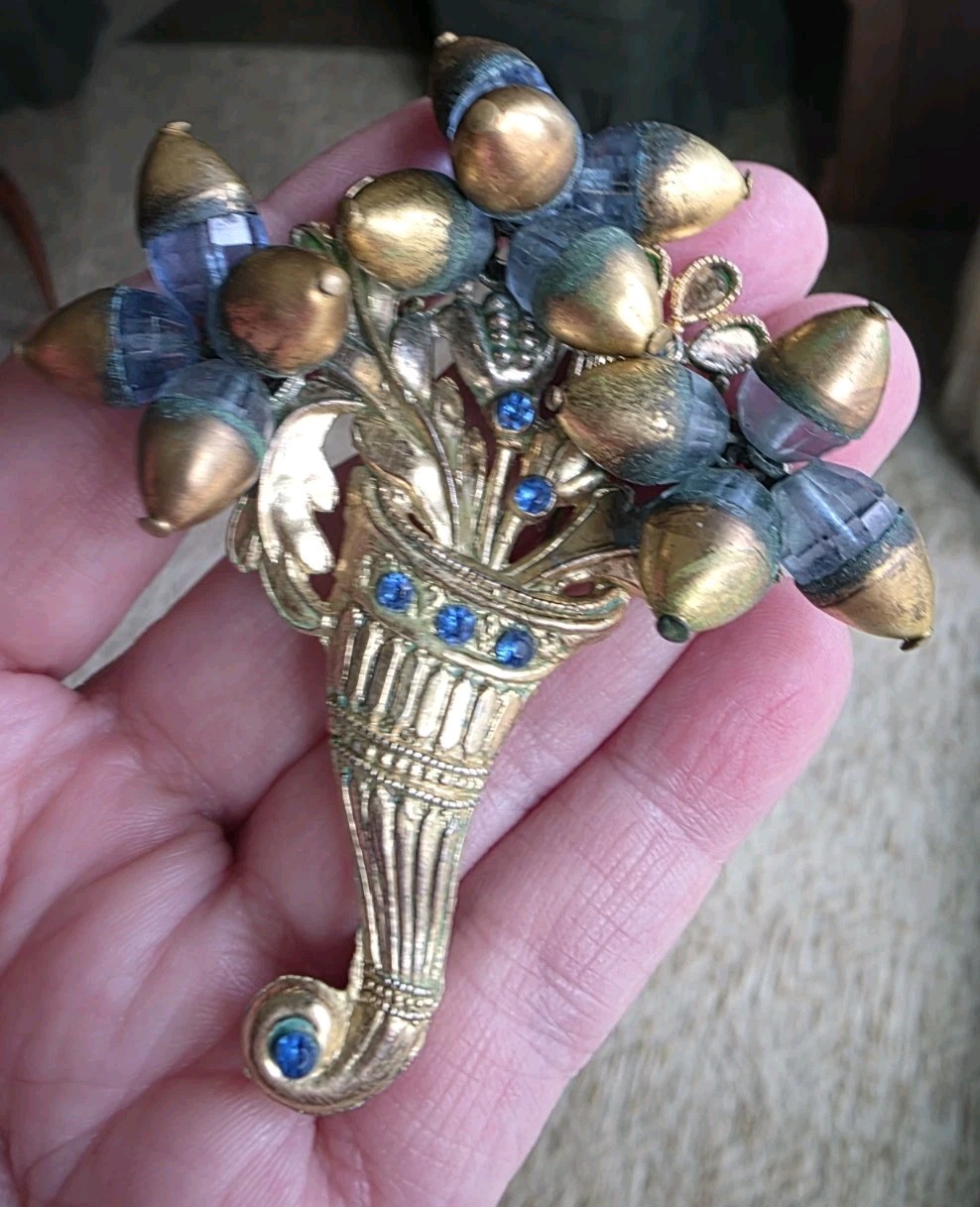 Vintage Metal And Glass Dangly Cornucopia Brooch