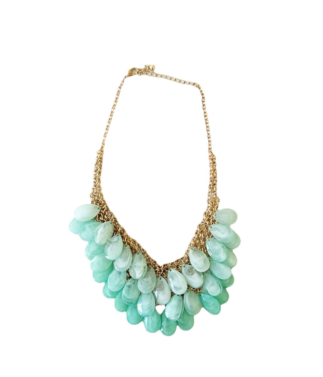 NECKLACE gold and green costume jewelry tear drop collar waterfall