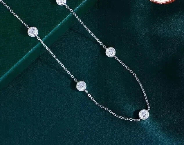 14k White Gold Round Moissanite By The Yard Bezel Station Necklace 18″