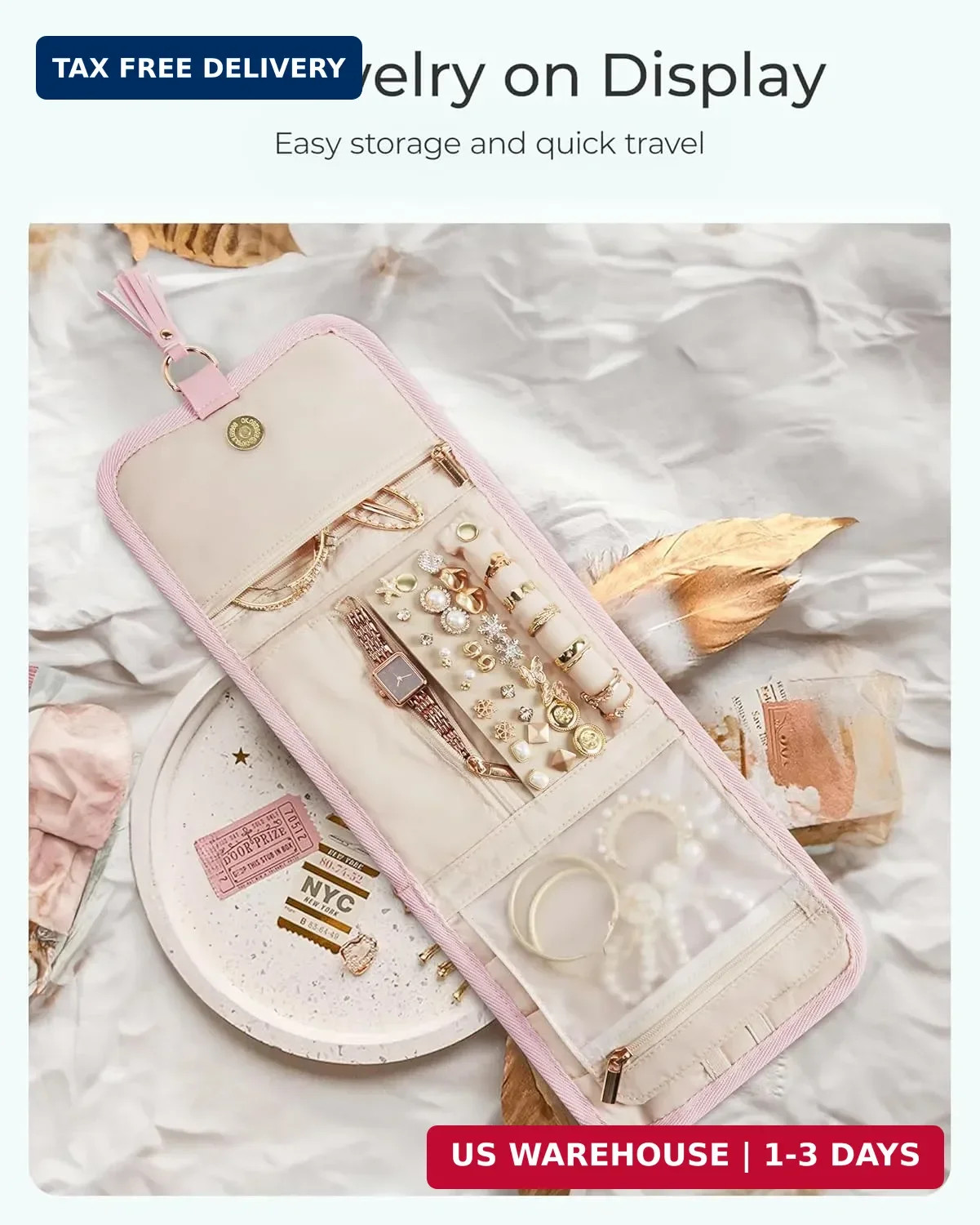 BAGSMART Travel Jewelry Case Organizer, Roll Foldable Jewelry Case for Journey-R