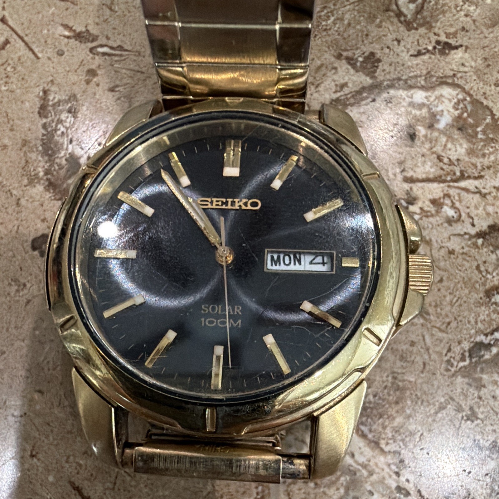 Seiko Solar Quartz Day/Date 100m Gold-Tone Bracelet Black Sunburst Dial
