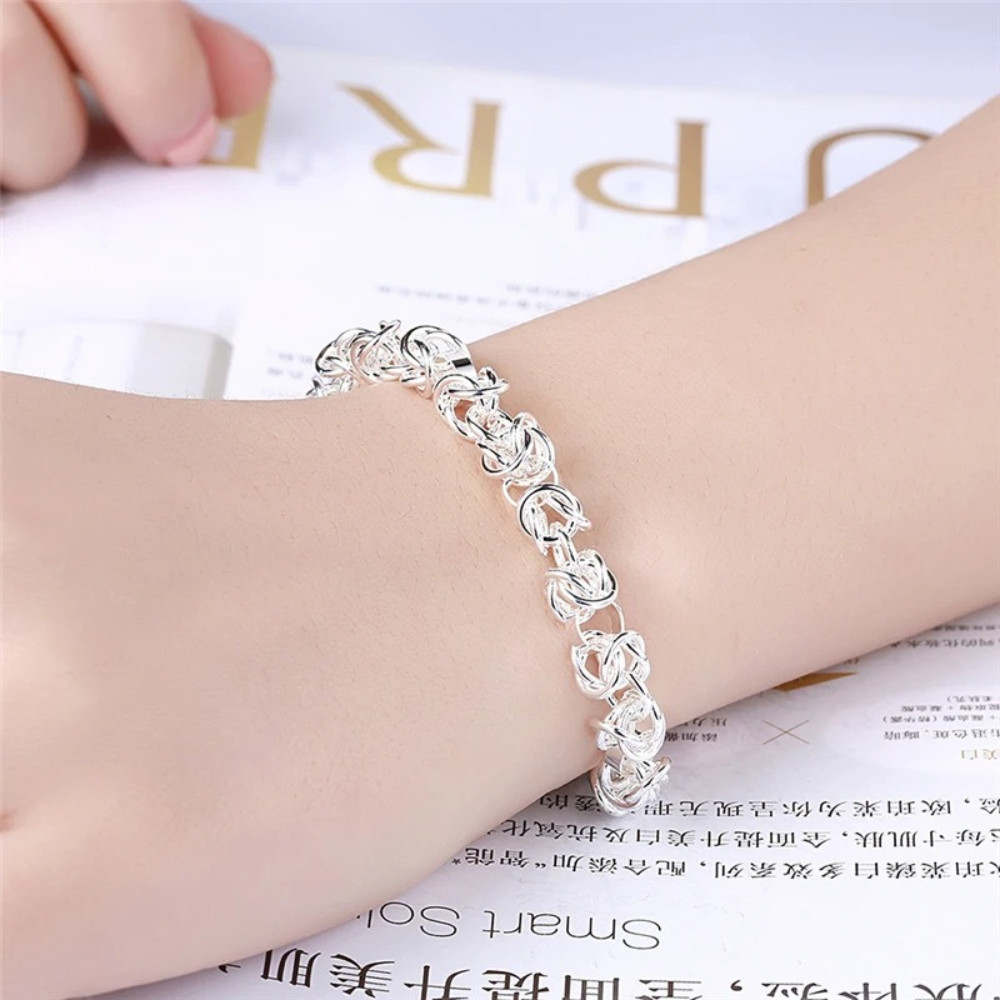 Stylish 925 Sterling Silver Interlocking Circle Chain Bracelet Women Jewelry