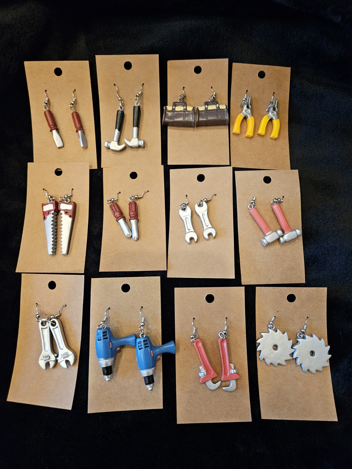HAND TOOL EARRINGS Colorful, dangle hook, 12 diff. to choose from. ONE OF A KIND