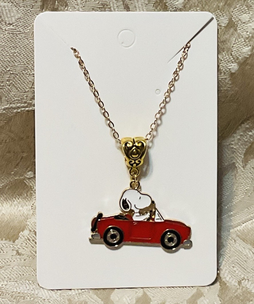 Snoopy Red Car Gold Enamel Charm Pendant Fashion Fun Boho Gold Necklace 18”