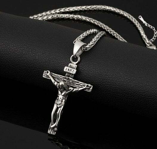 Mens Pendant Necklace Jesus Christ Crucifix Cross Silver w Black