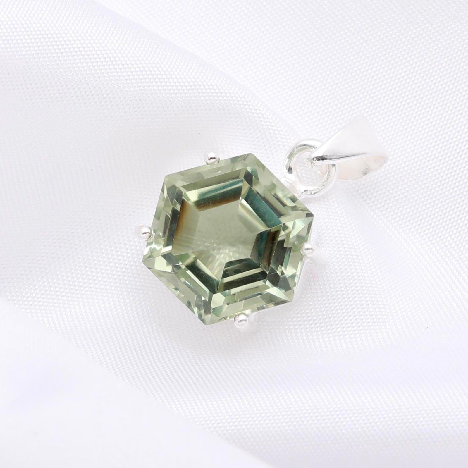 Natural Green Amethyst Hexagon Pendant 925 Sterling Silver Jewelry Gift For Her