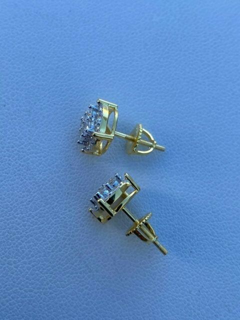 Real Solid 925 Silver Hip Hop Men’s Earrings Round Studs 14k Gold Plated Iced CZ