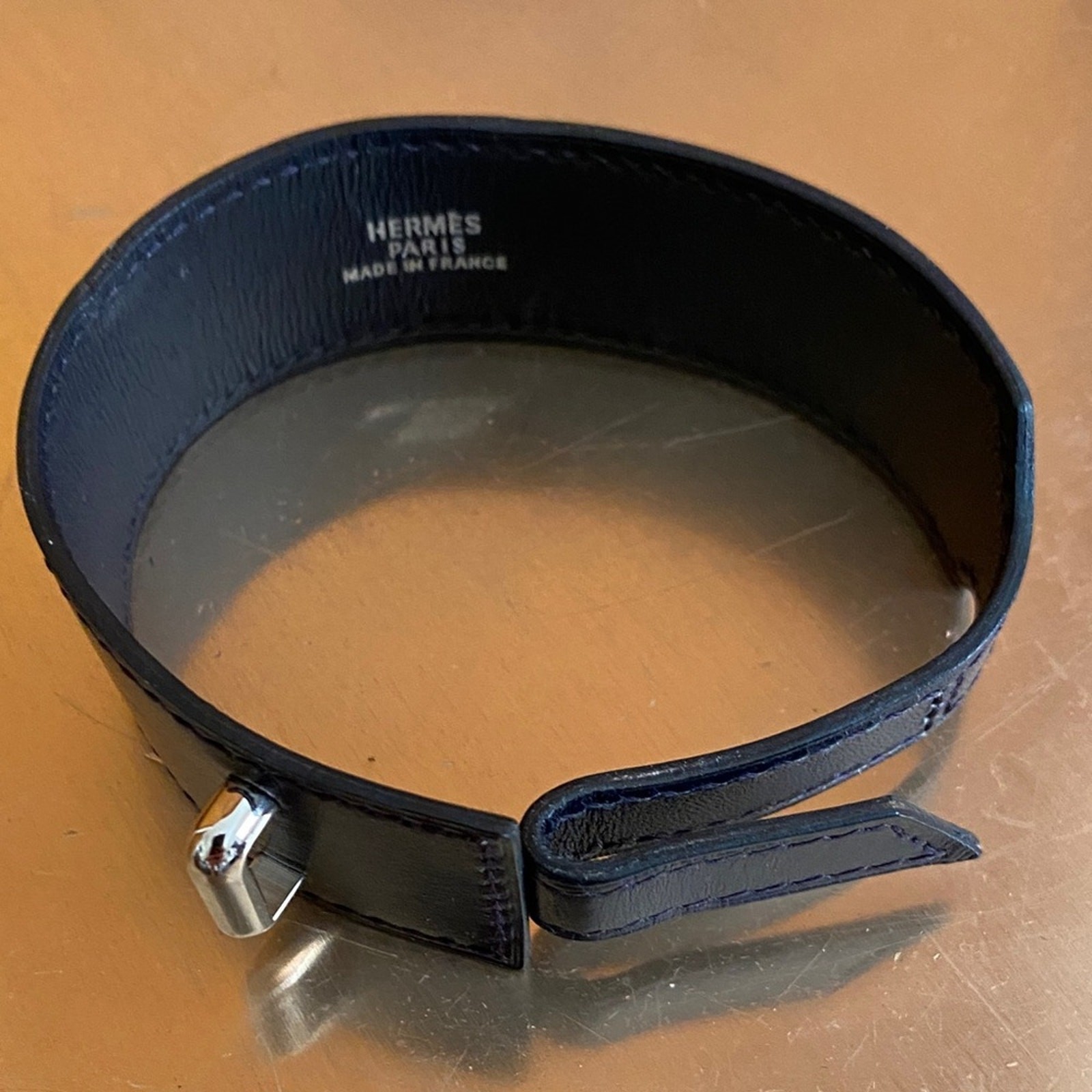 Hermes Navy Blue Leather Artemis 1” Bracelet Silver NWOT Classic Luxury Unisex