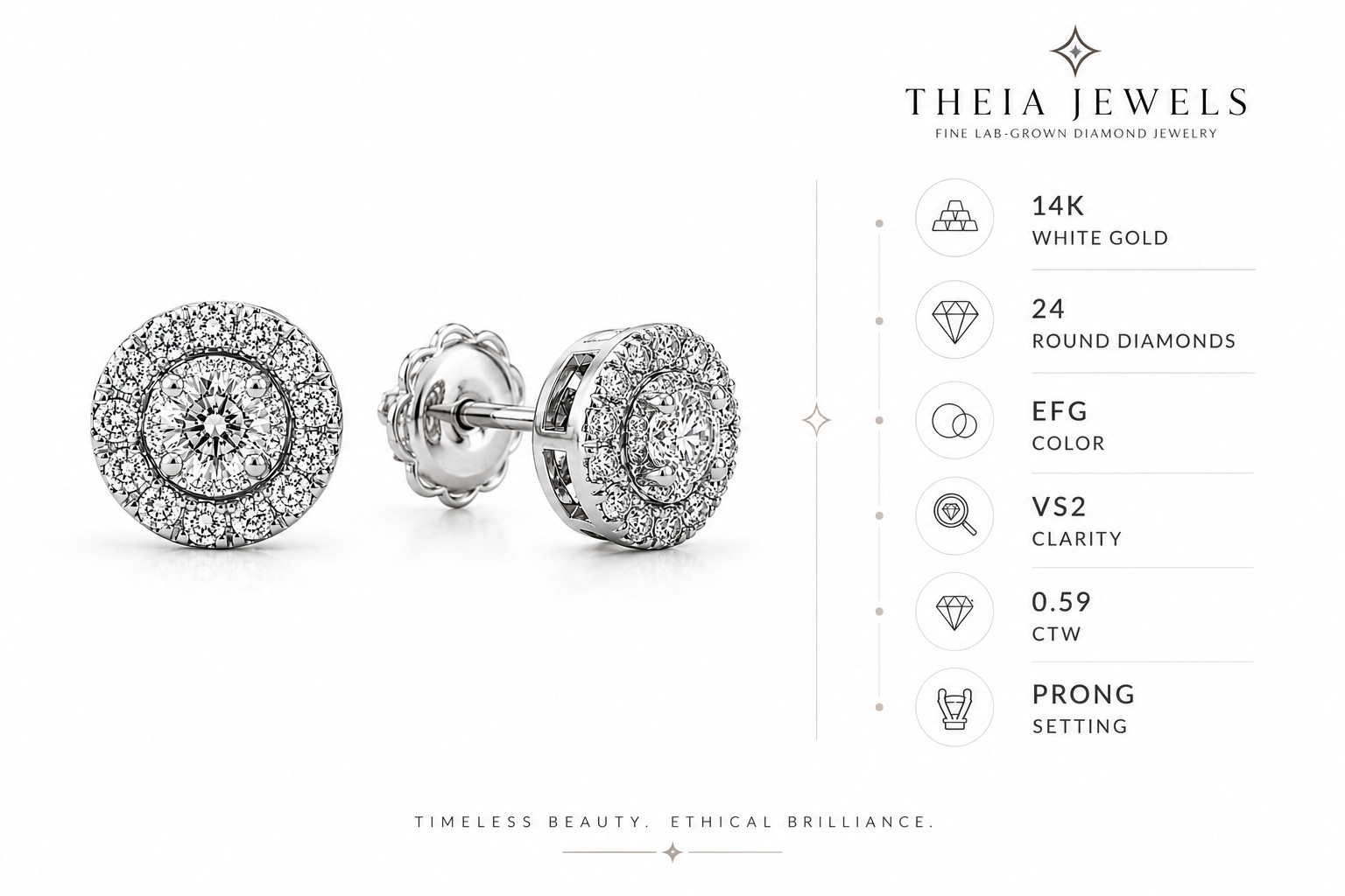 Lab Grown Diamond Cluster Stud Earrings 0.59 CT 14K White Gold EFG VS2