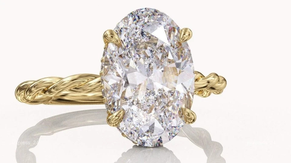 White Moissanite 4.20 Ct Oval Cut Hidden Halo Engagement Ring 14K Yellow Gold FN