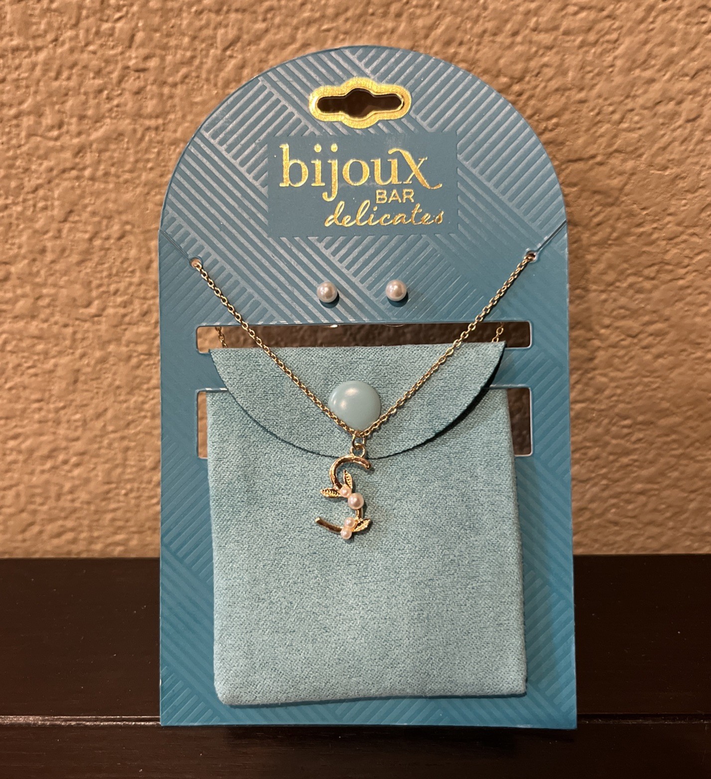 NWT Bijoux Bar Delicates GoldTone Necklace & Stud Earring Set w/Pouch Letter S