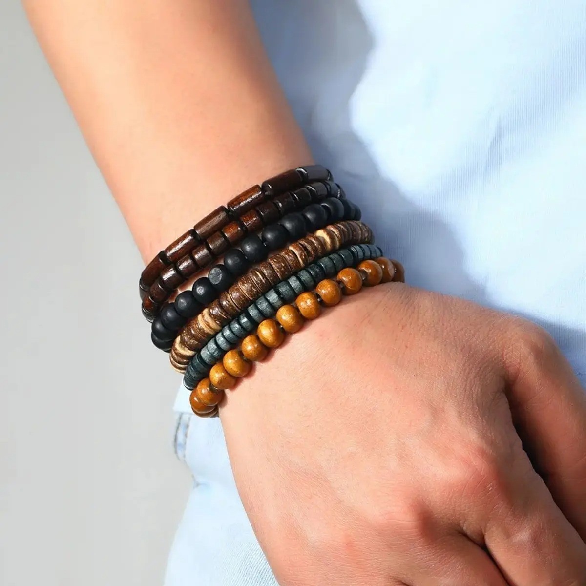 6PCS Wooden Beaded Leather Bracelet Men Vintage Braided Wrap Armband Jewelry
