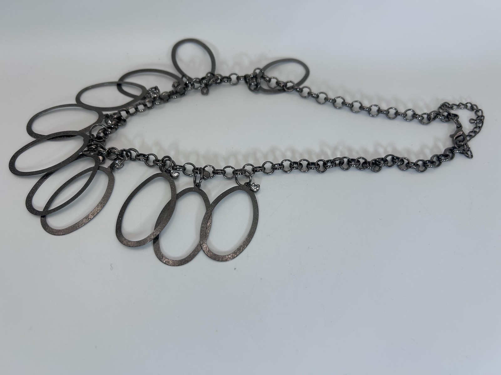 Necklace Silver Tone Oval Bib Statement Rhinestone Crystal Chain Lobster Clasp