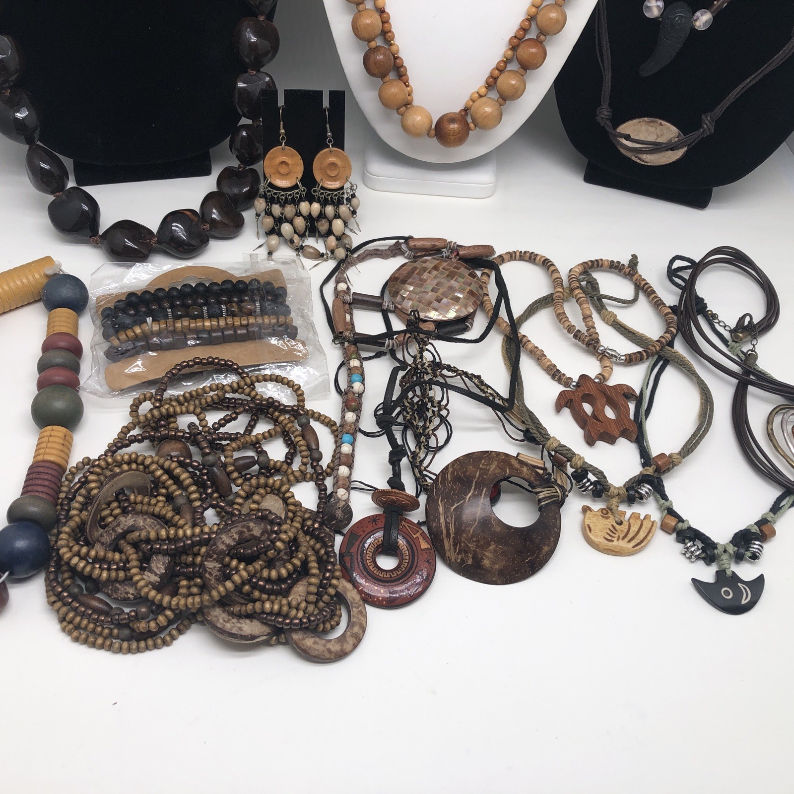 Earth Tone Boho Brown Wood Beaded Jewelry Lot Necklace Bracelet Earring