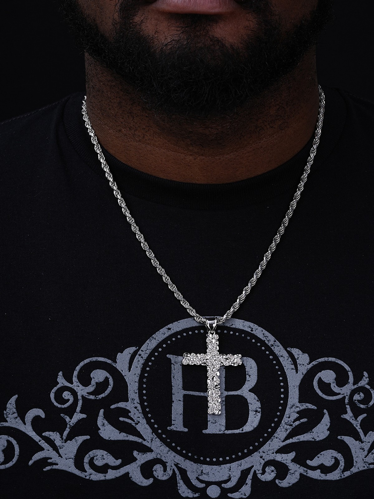 Mens Large 2.25″ Solid 925 Sterling Silver Nugget Cross Pendant Crucifix Chain