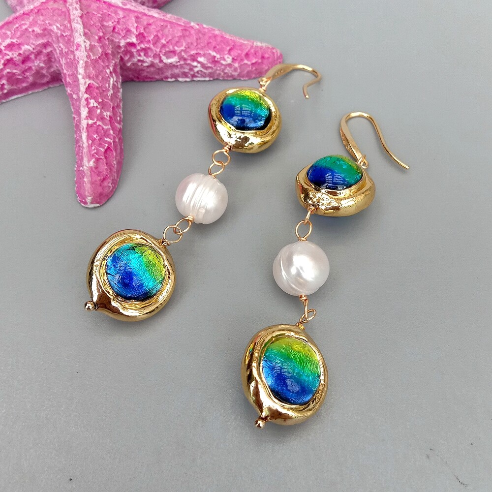 Freshwater Cultured White Keshi Pearl Blue Murano Glass DangleHook Earrings