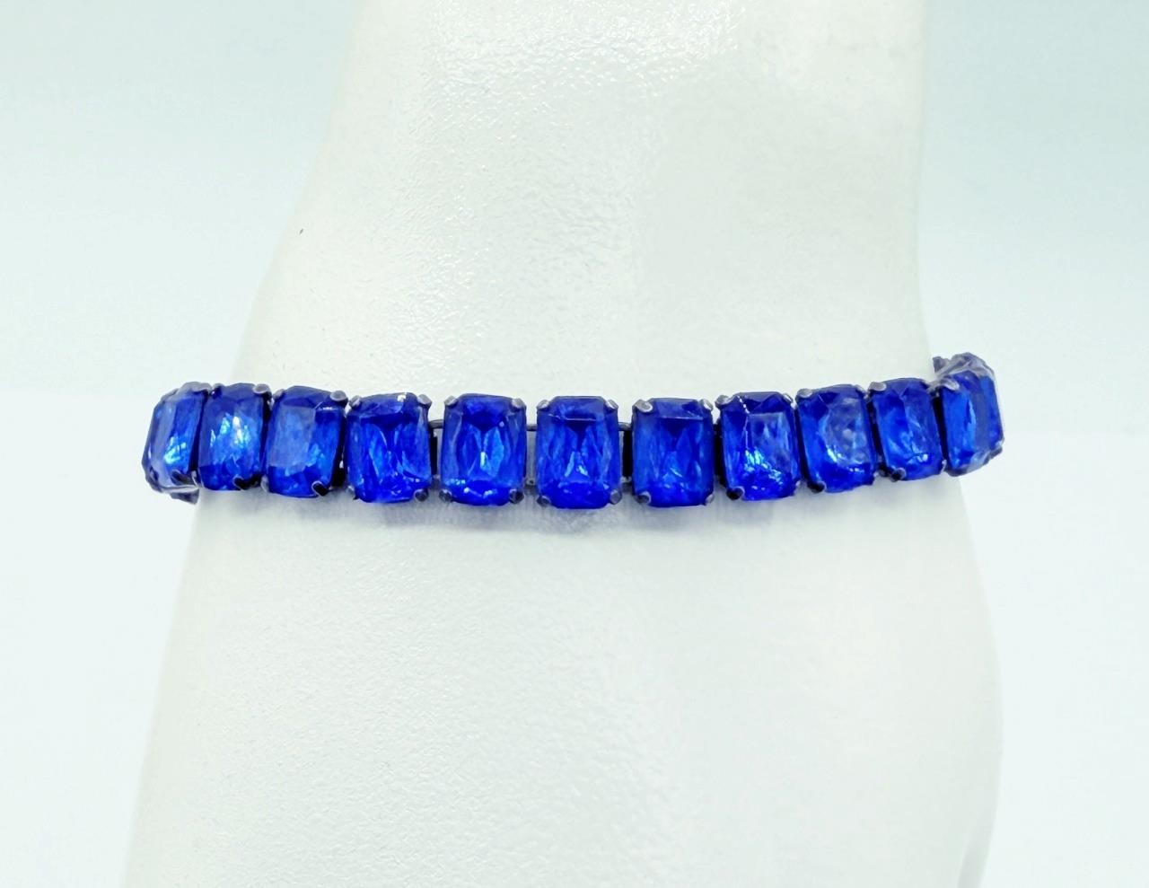 Antique 1920s Art Deco Emerald-Cut Blue Paste Sterling Silver Bracelet #262