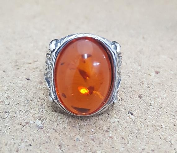 Solid 925 Sterling Silver Natural Baltic Amber Gemstone Signet Men’s Unisex Ring
